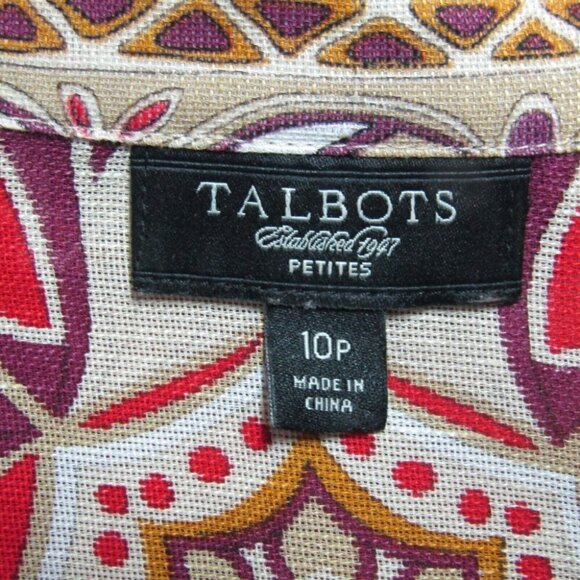 Talbots Silk Linen Tunic Top Red Tan Purple Size 10 Petite 3/4 Sleeve Semi Sheer - Picture 5 of 7